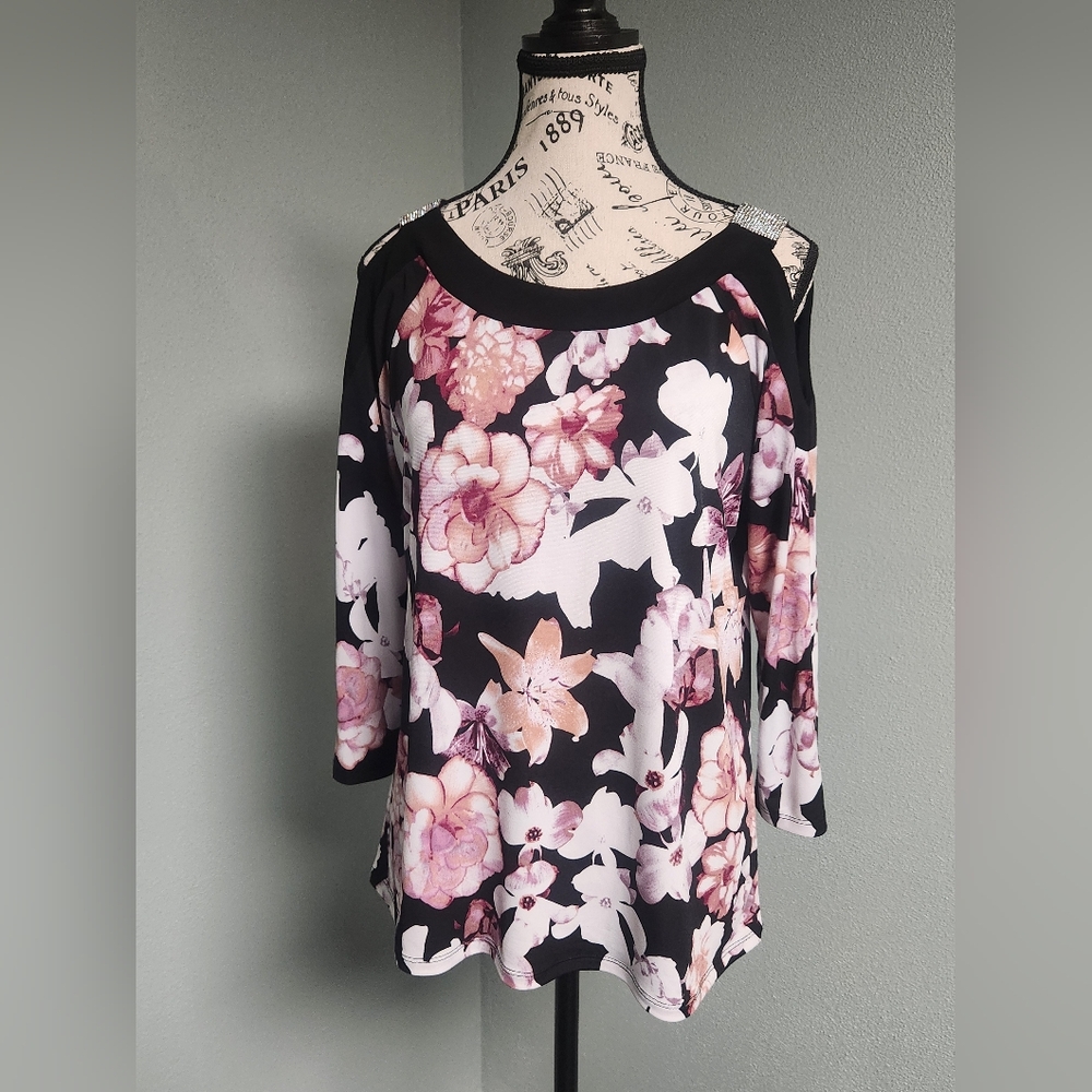 Diana Belle Floral Black and Pink Women's Top With Rinestones